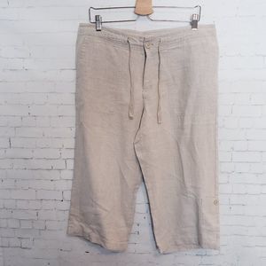 Eddie Bauer Womens Cropped Linen Pants Size 14 Beige Tan Drawstring Waist